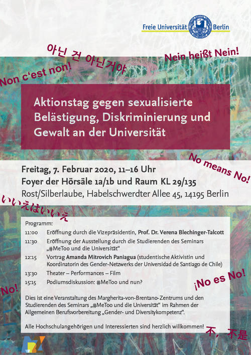 Plakat „Aktionstag gegen sexualisierte Belästigung, Diskriminierung und Gewalt an der Universität“