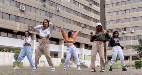 A screenshot of video which gone viral in social media in March 2023, showing five Iranian Women in Tehran - Ekbatan dancing to the song Calm Down by singer Rama.